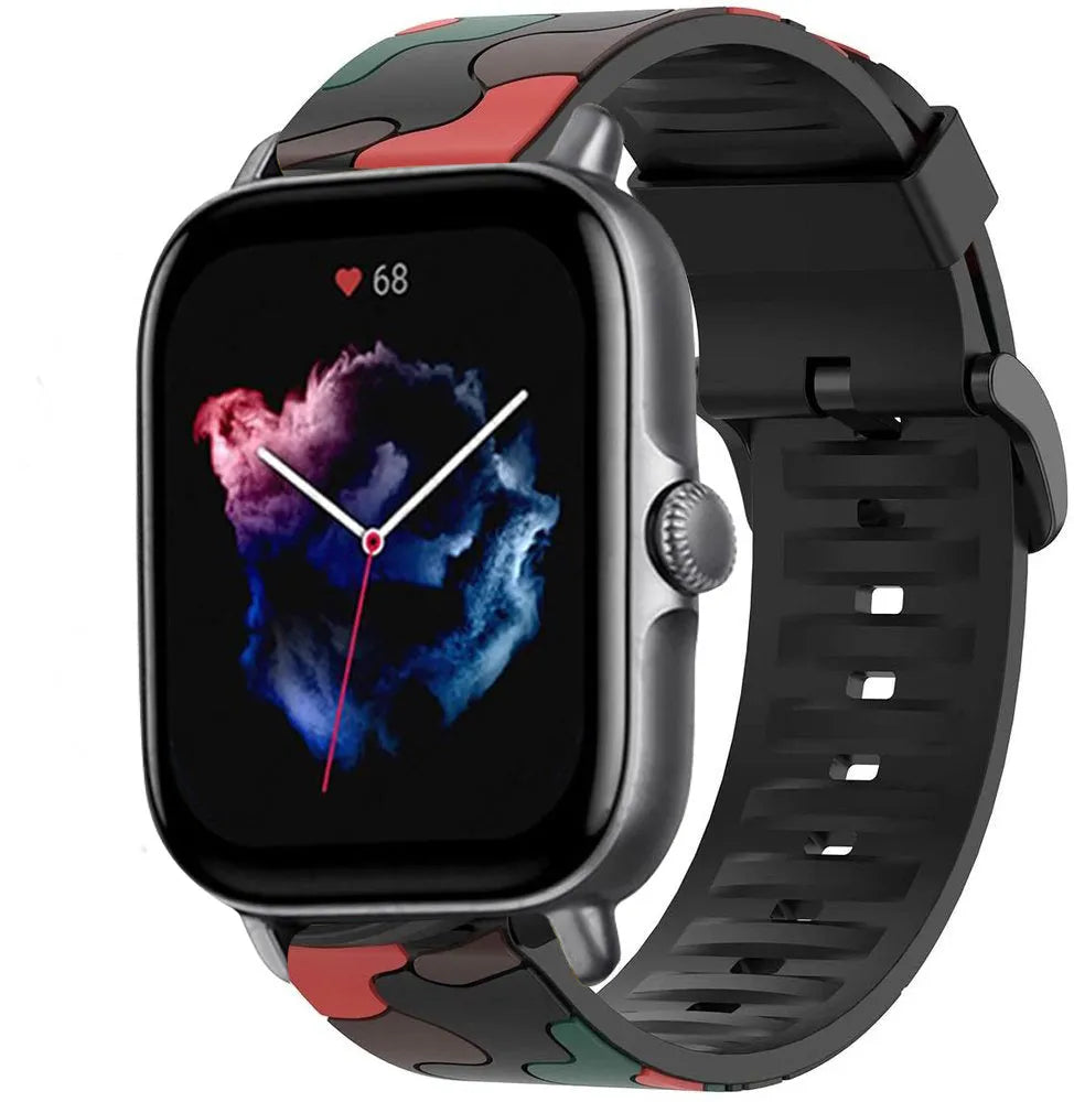 Silicone Camo Strap, red, on a watch, 3/4 front view