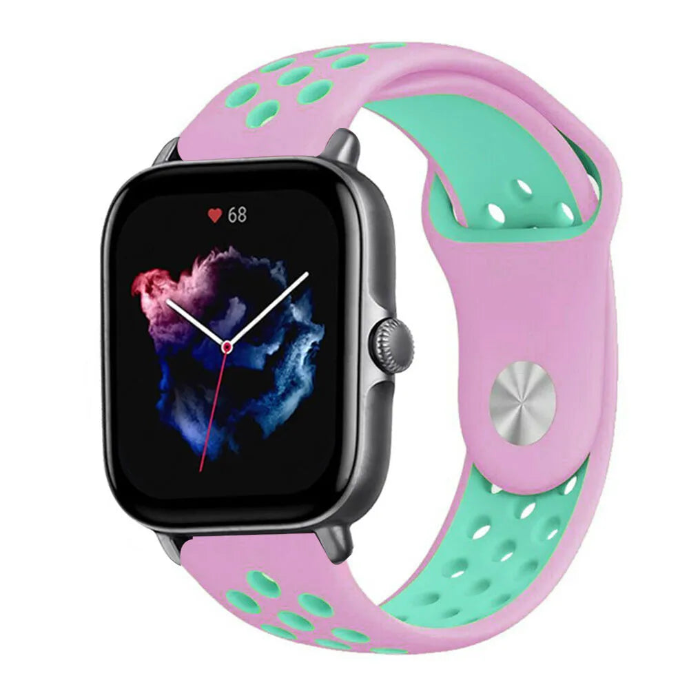 Silicone Sport Strap, pink/aqua, on a watch, 3/4 front view