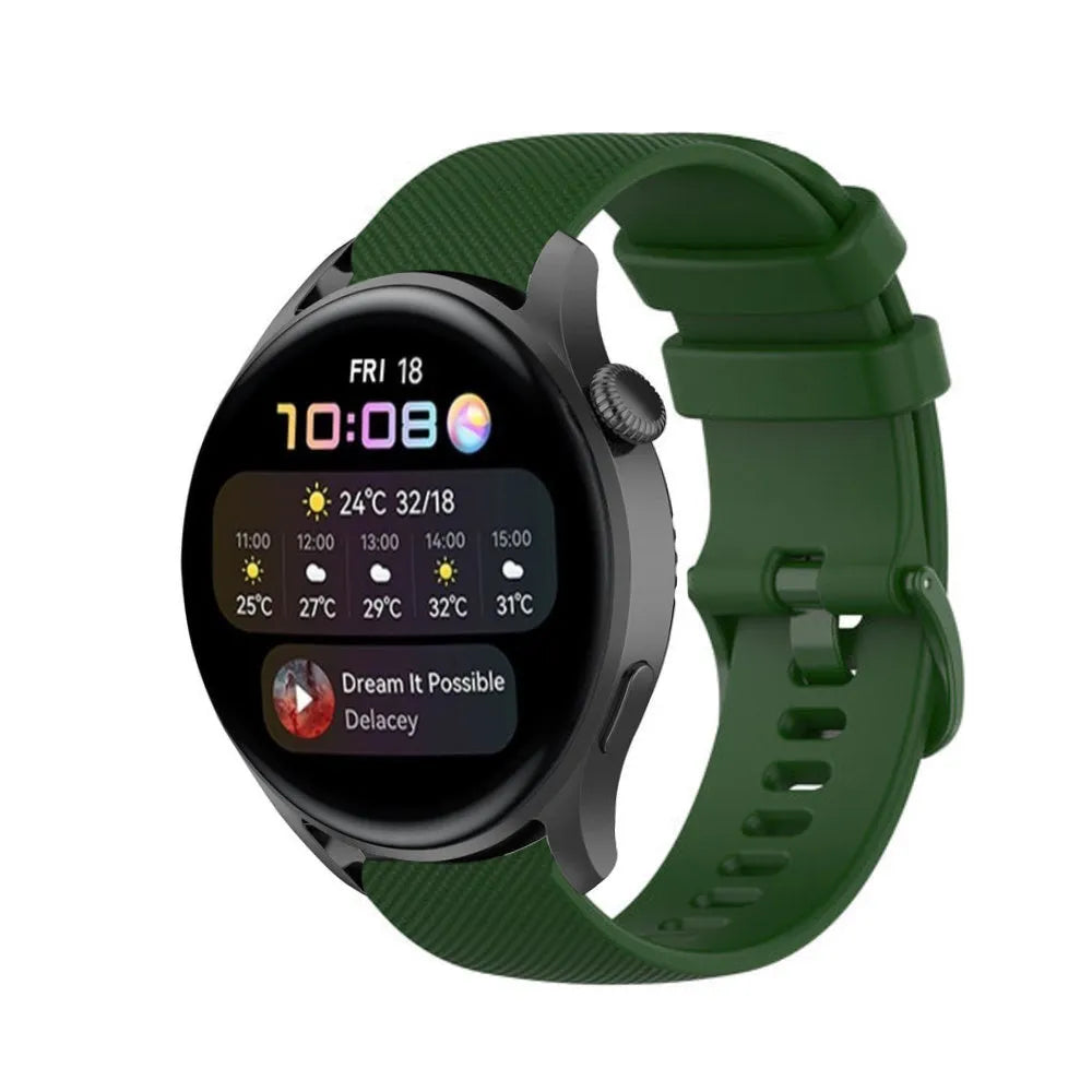 Premium Silicone Strap, army green, on a watch, 3/4 front view
