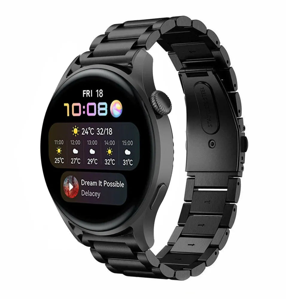 Steel Strap, black, on a watch, 3/4 front view