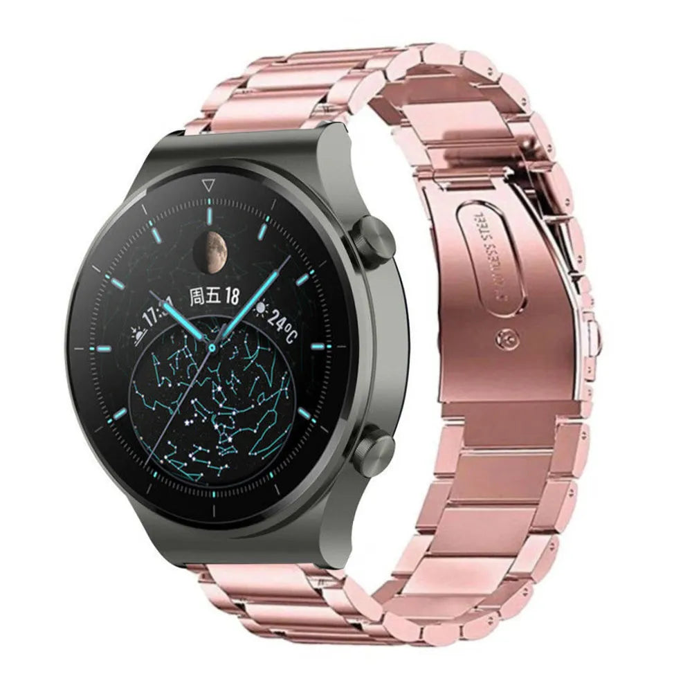Steel Strap, pink, on a watch, 3/4 front view