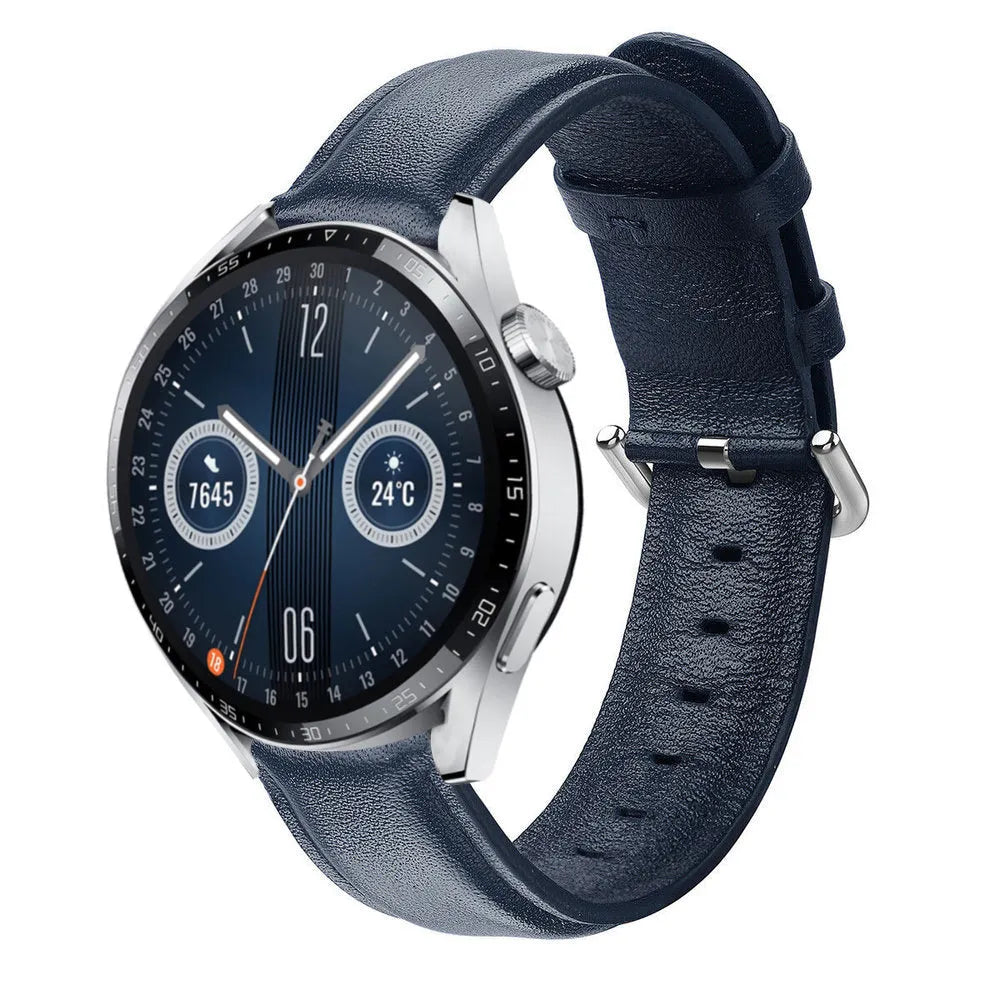 Leather Strap, dark blue, on a watch, 3/4 front view