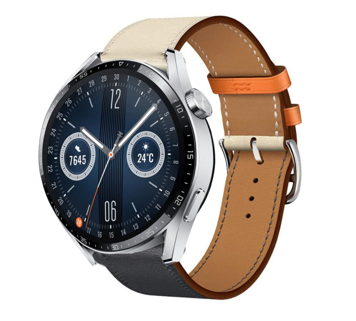 Leather Strap 'Duo', on a watch, 3/4 front view