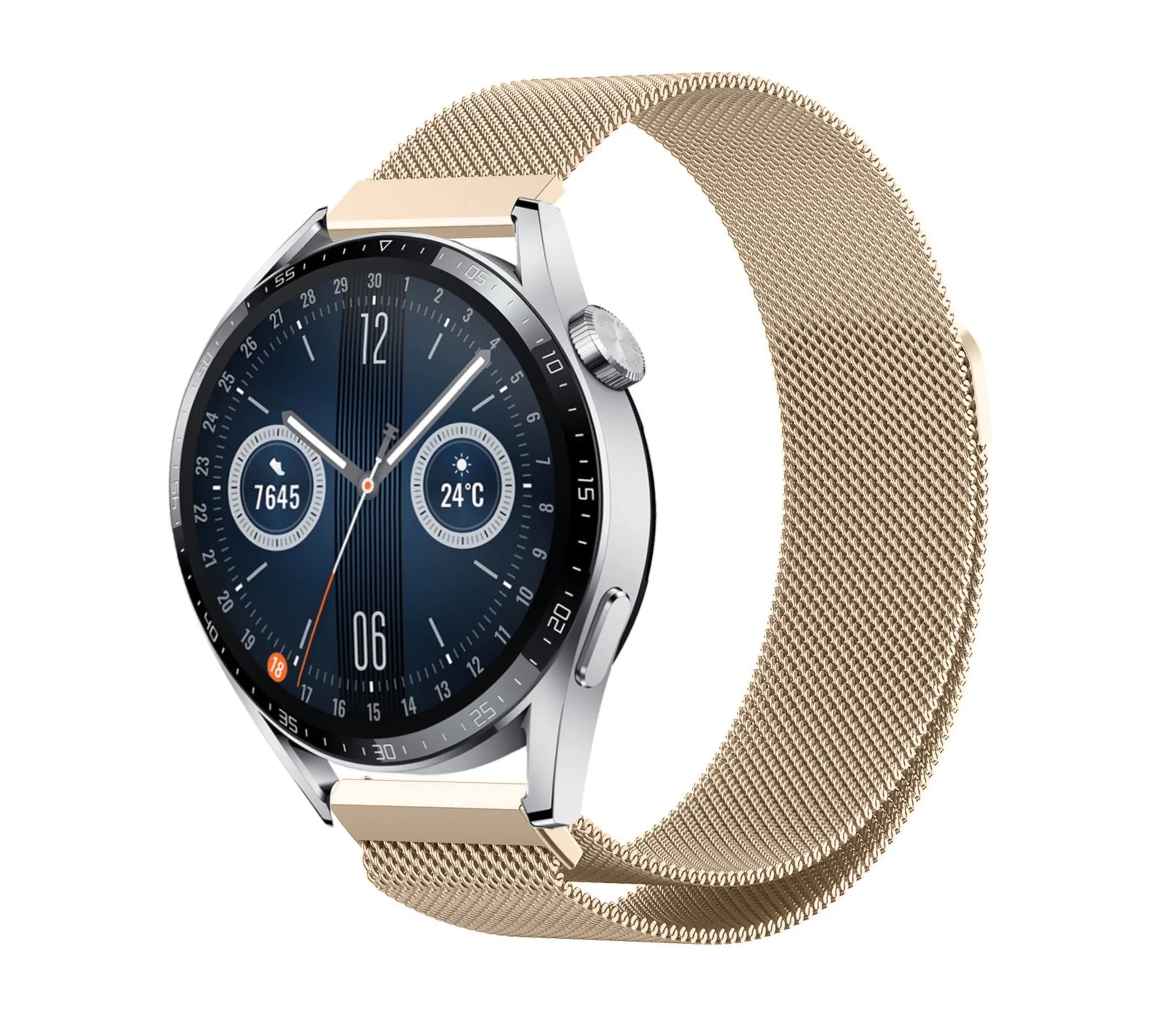 Milanese Strap, champagne, on a watch, 3/4 front view