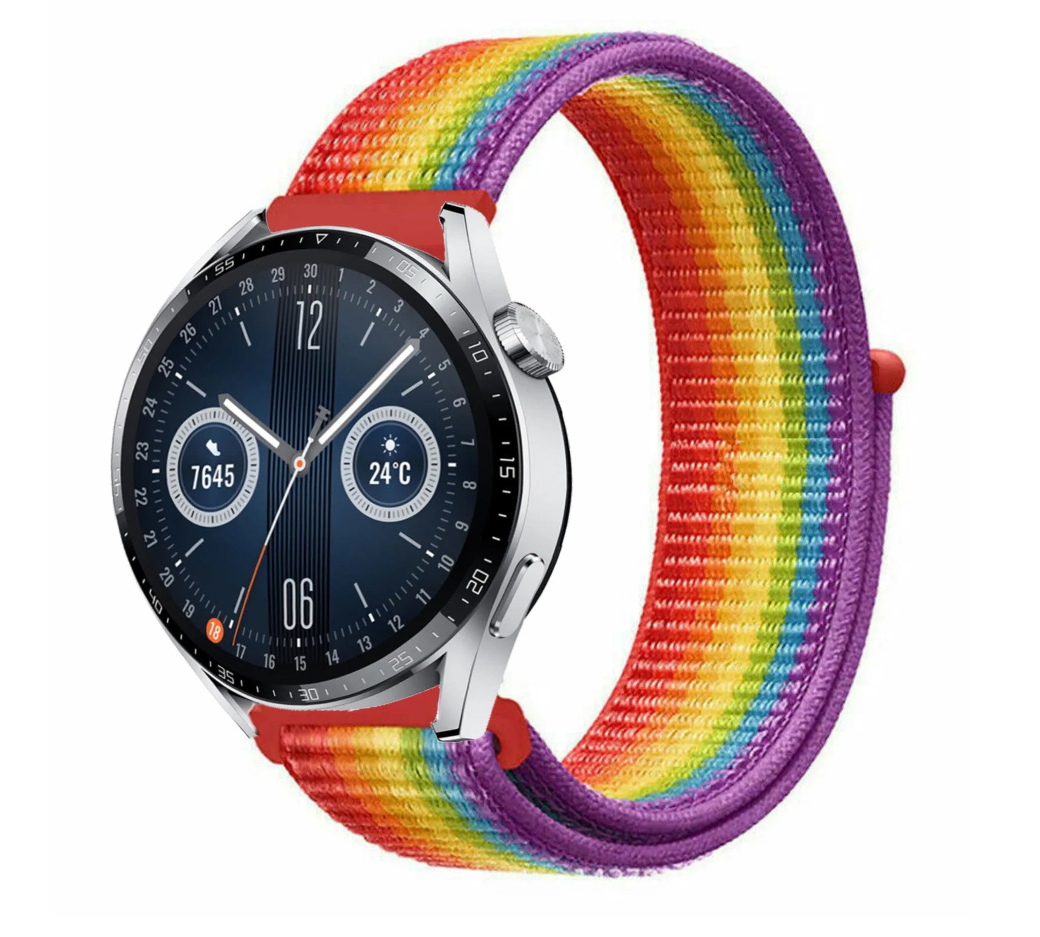Nylon Strap, rainbow, on a watch, 3/4 front view