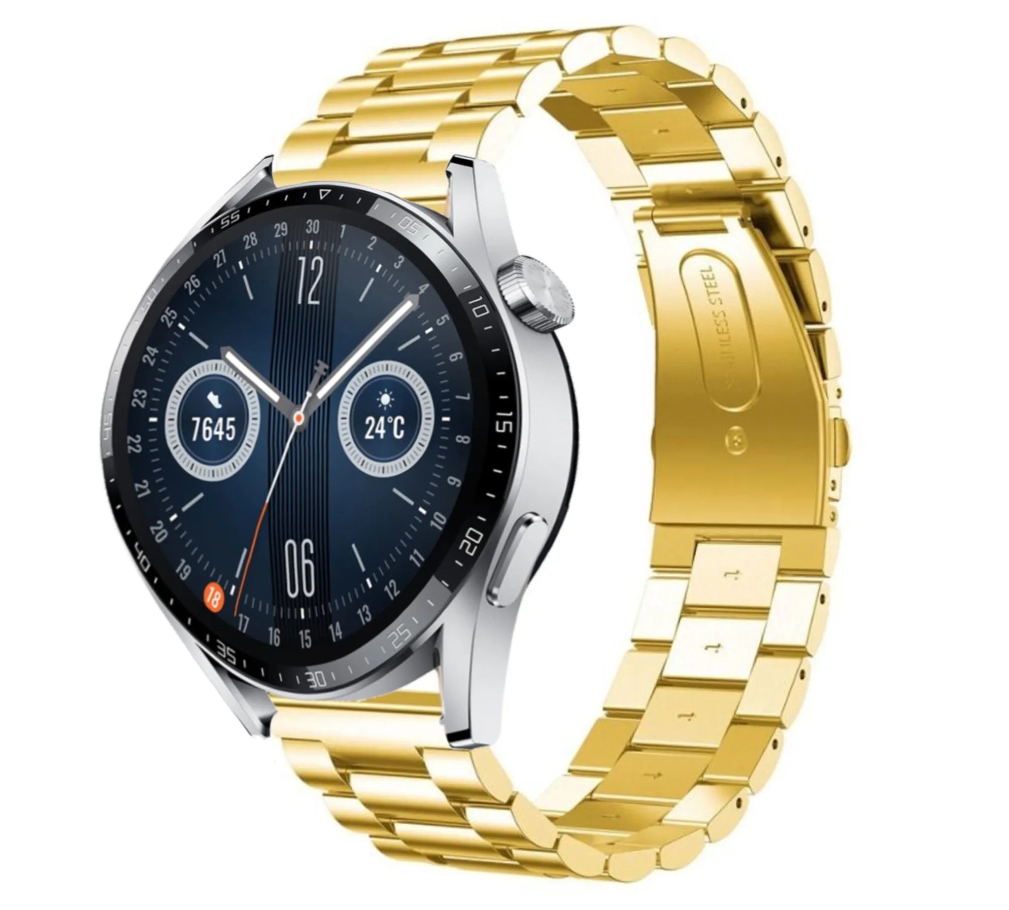 Steel Strap, gold, on a watch, 3/4 front view