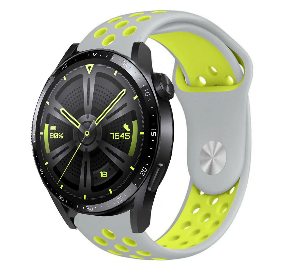 Silicone Sport Strap, grey/yellow, on a watch, 3/4 front view