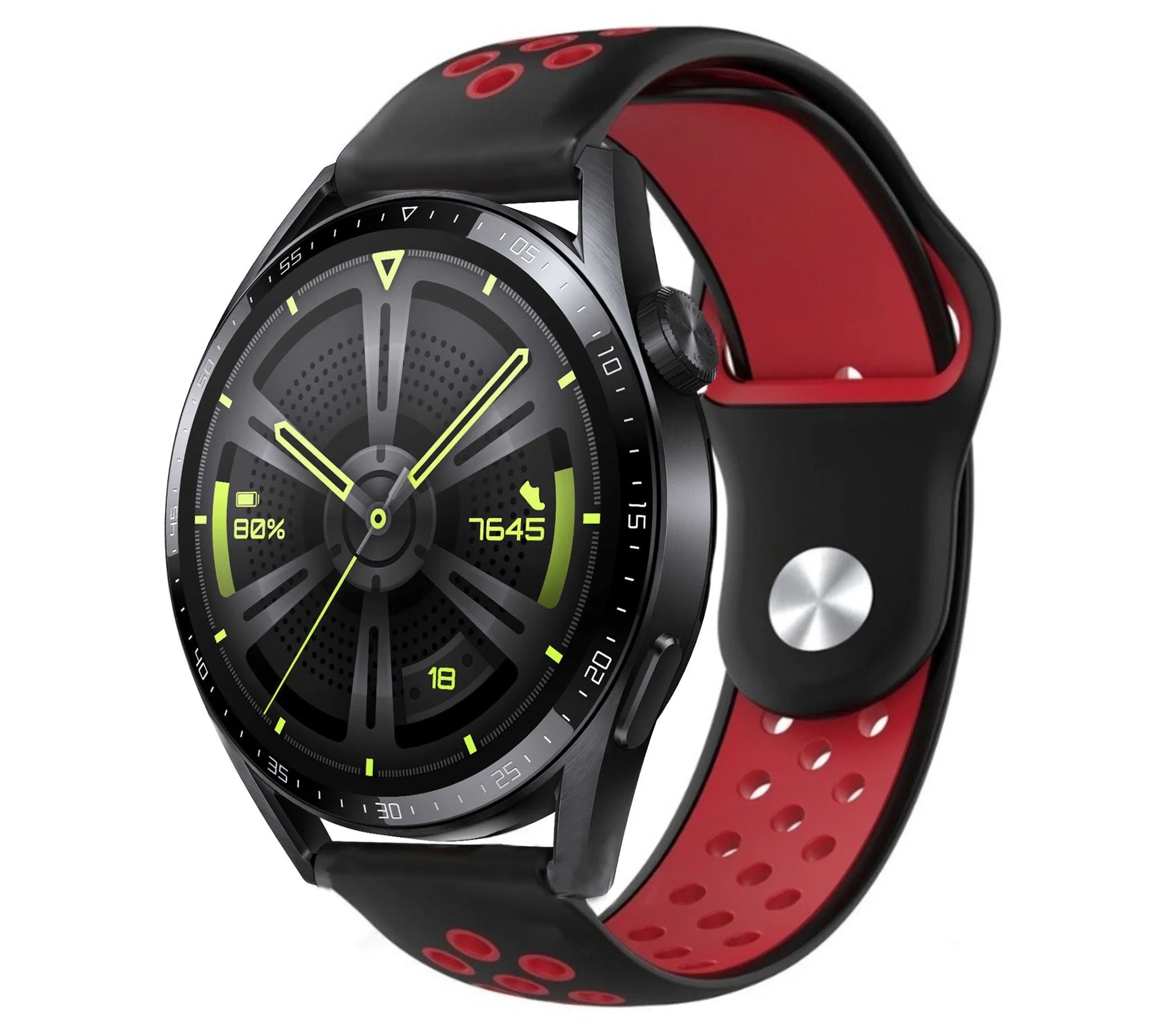 Silicone Sport Strap, black/red, on a watch, 3/4 front view