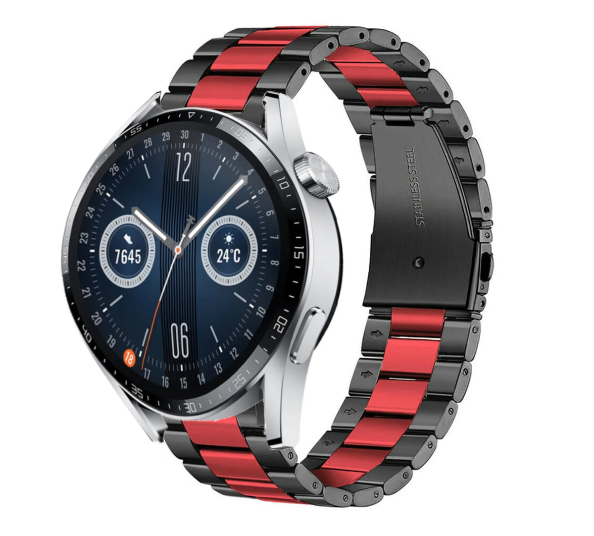 Steel Strap, black/red, on a watch, 3/4 front view