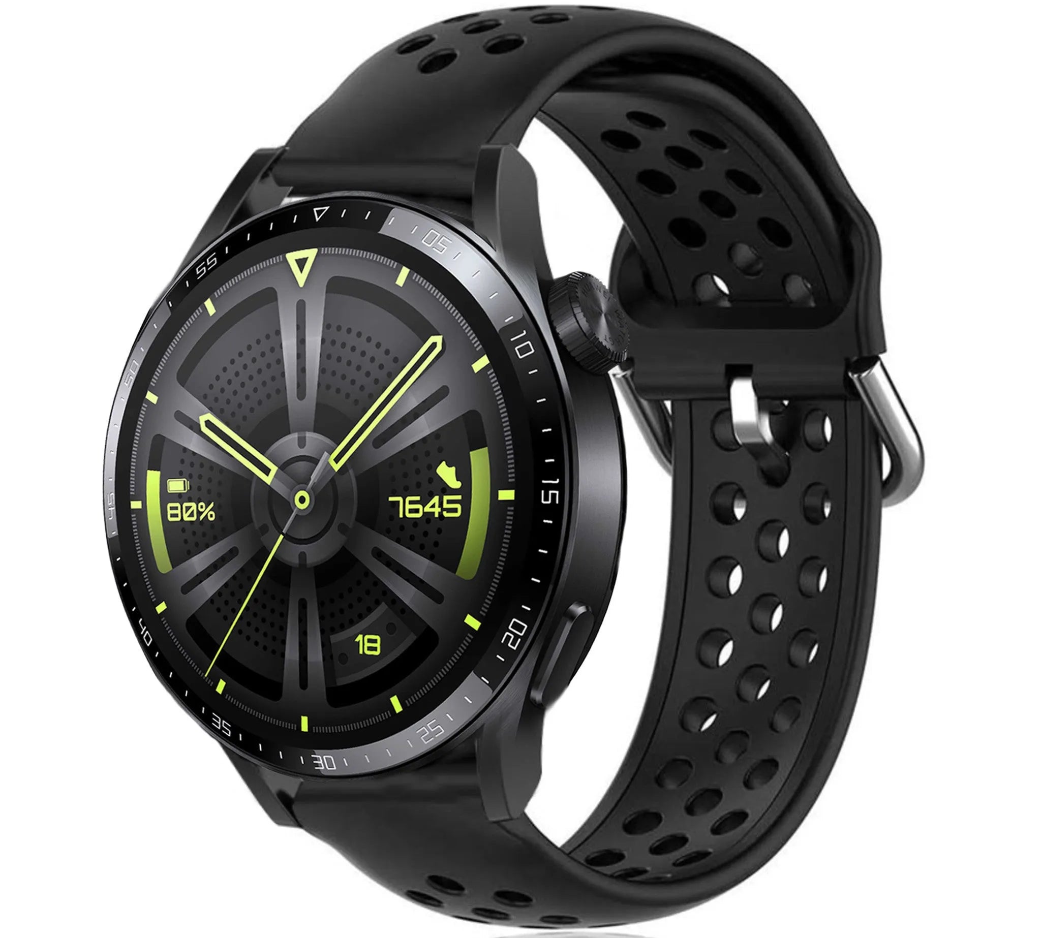 Breathable Silicone Strap, black, on a watch, 3/4 front view