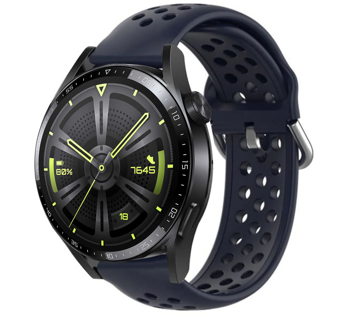 Breathable Silicone Strap, dark blue, on a watch, 3/4 front view