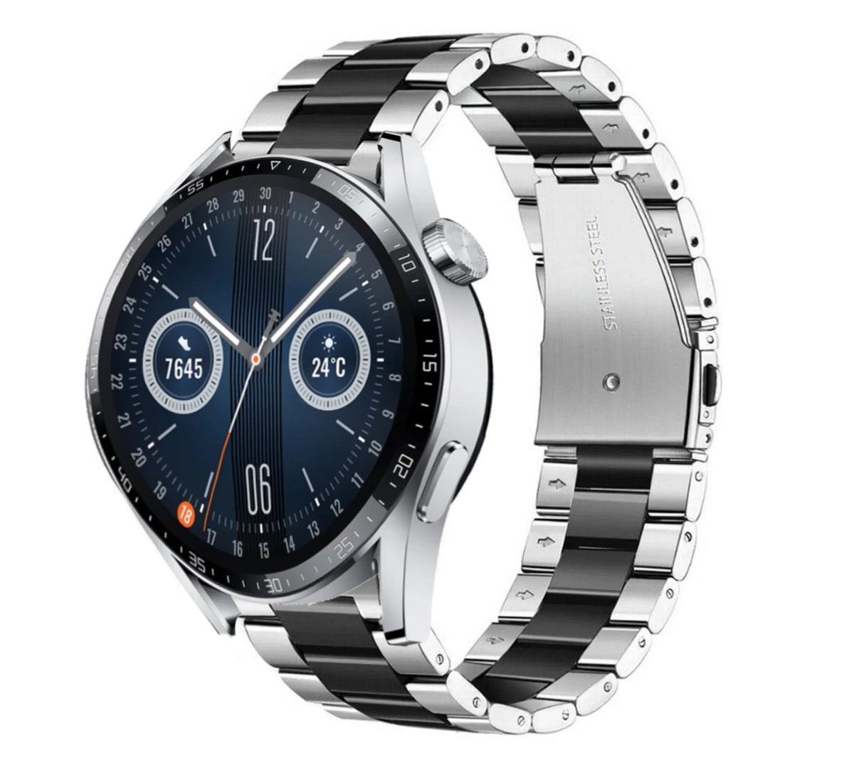Steel Strap, silver/black, on a watch, 3/4 front view