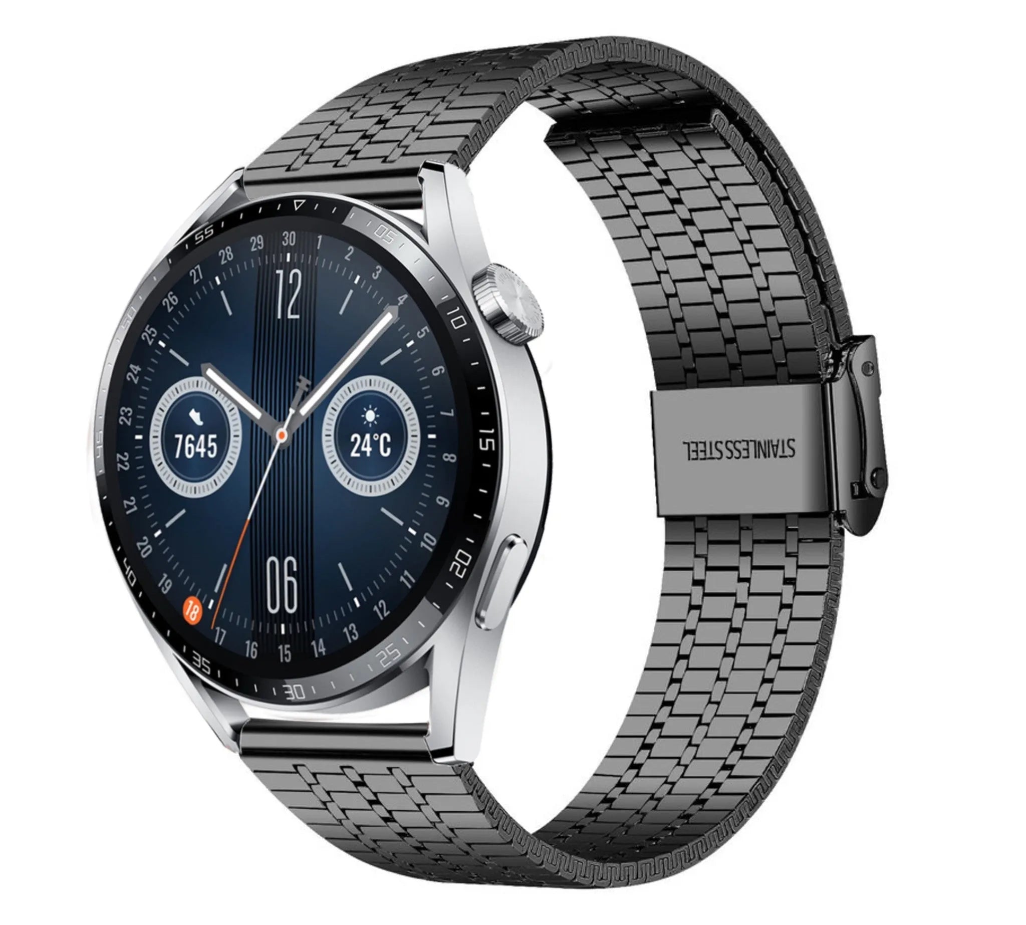 Fine Steel Strap, black, on a watch, 3/4 front view