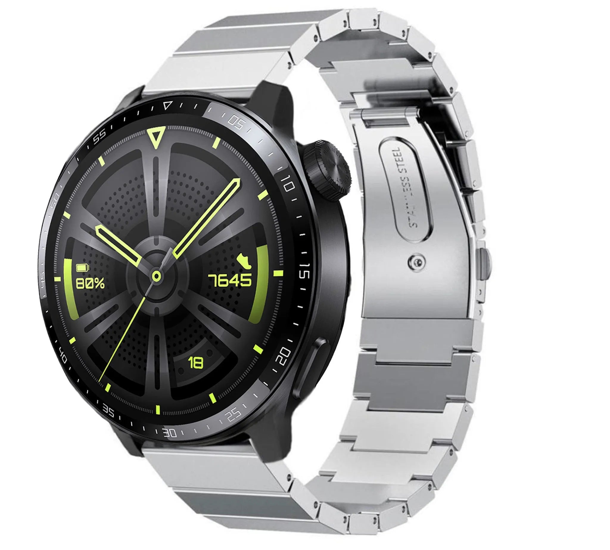 Premium Metal Strap, silver, on a watch, 3/4 front view