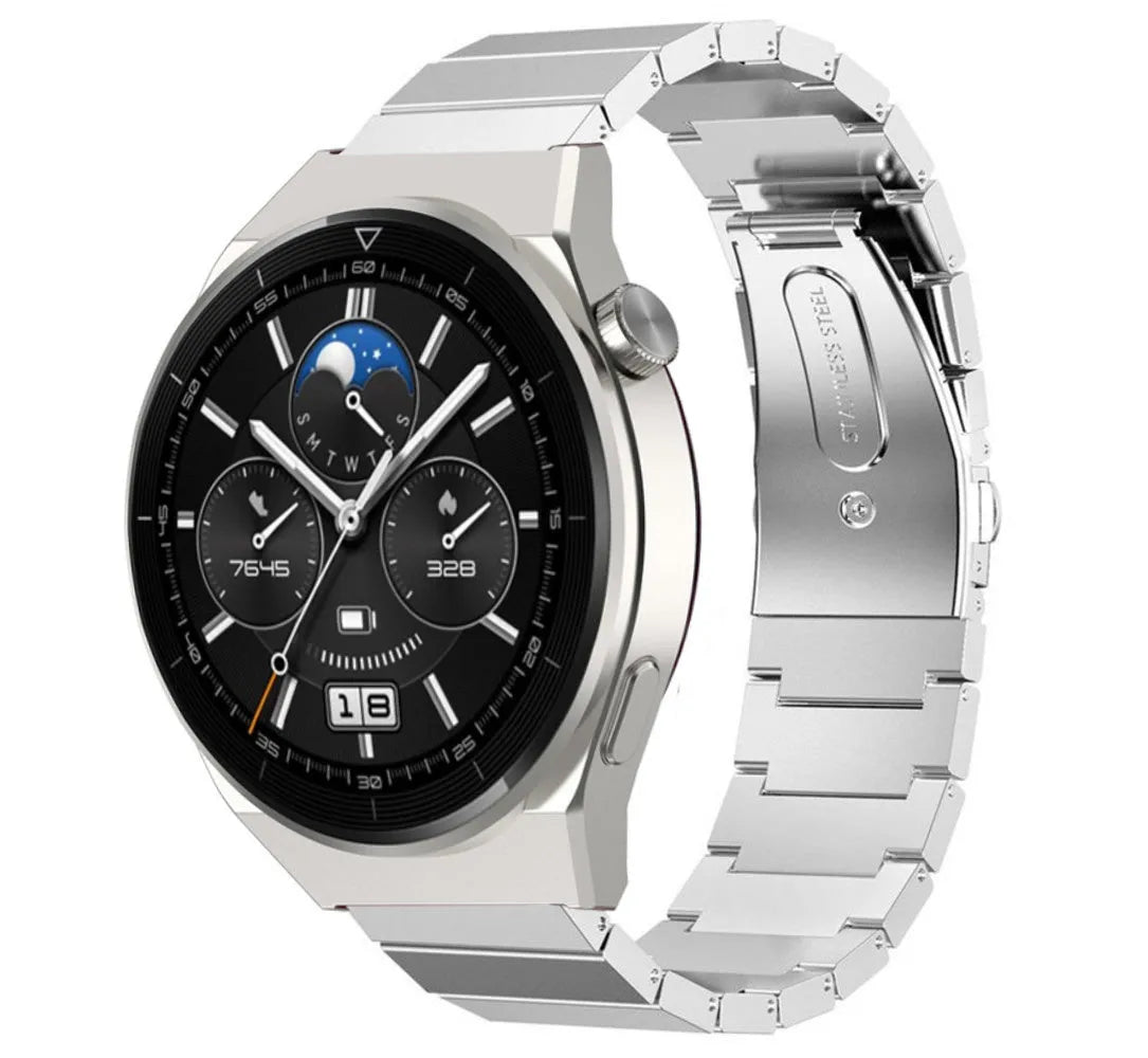 Premium Metal Strap, silver, on a watch, 3/4 front view