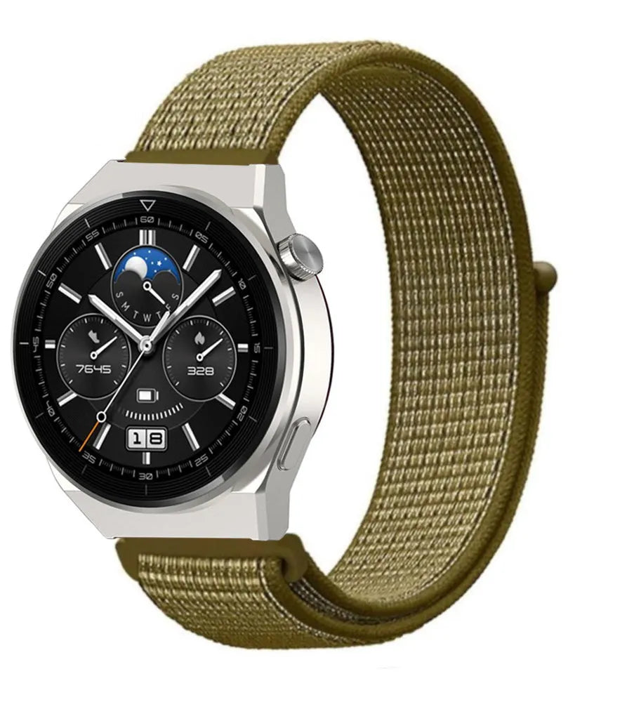 Nylon Strap, olive, on a watch, 3/4 front view