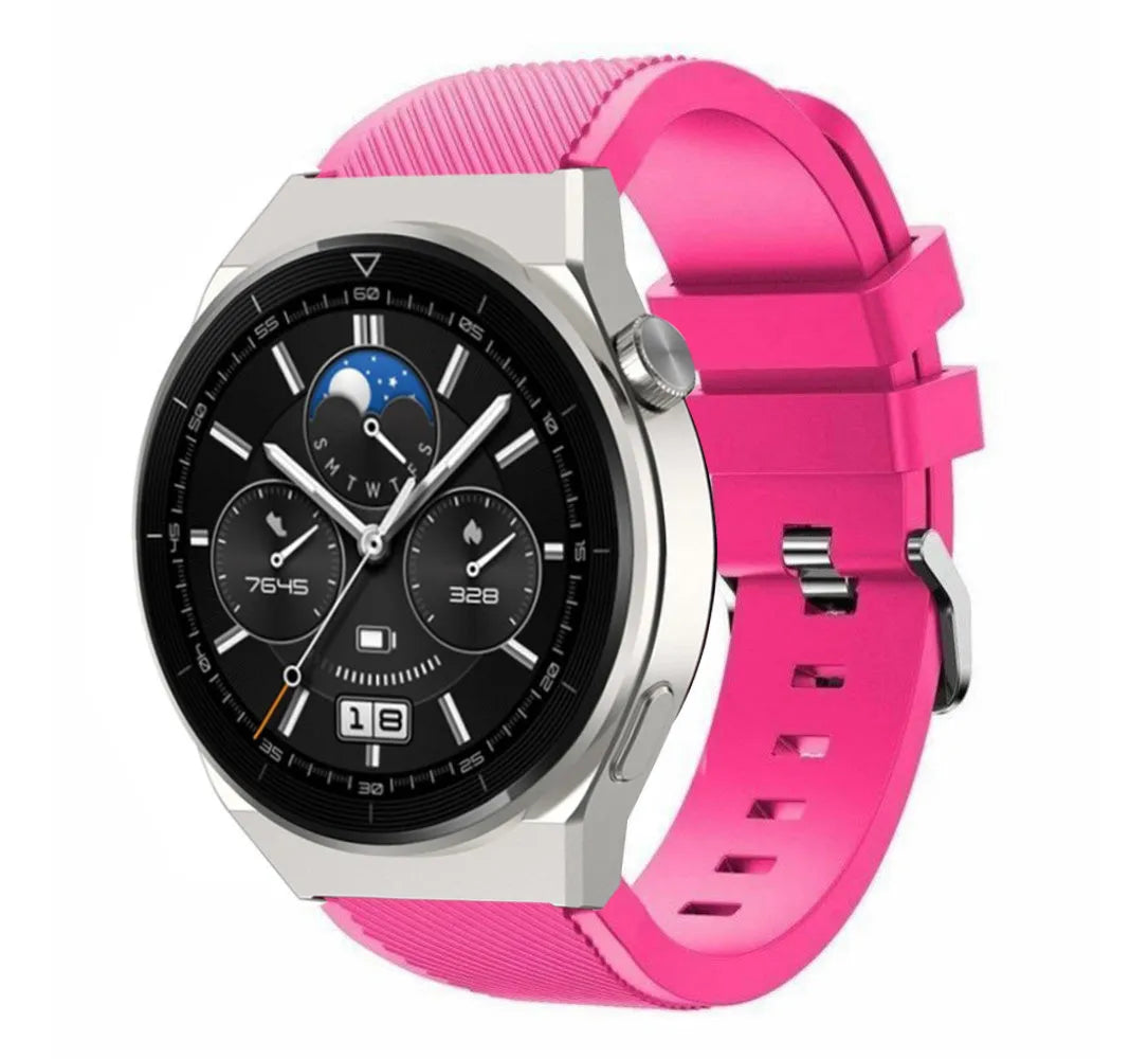 Twill Silicone Strap, bright pink, on a watch, 3/4 front view