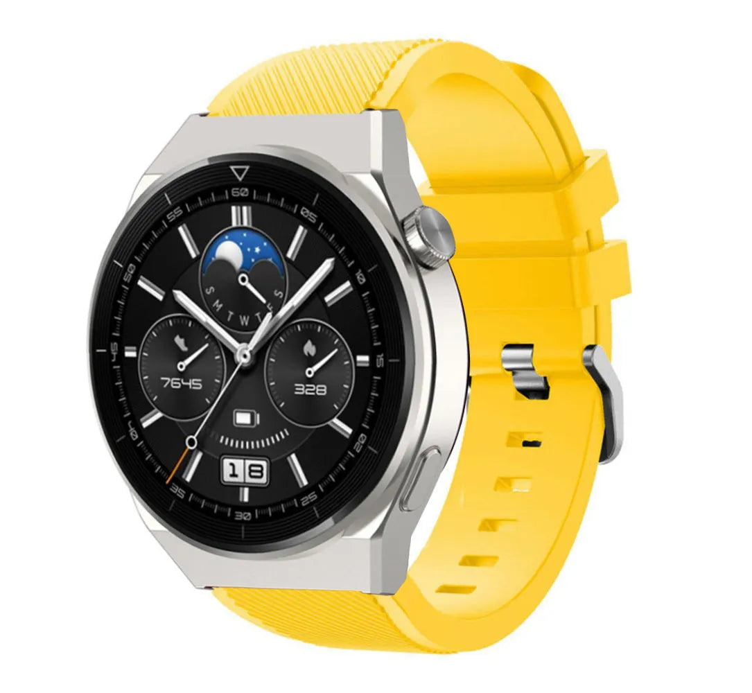 Twill Silicone Strap, yellow, on a watch, 3/4 front view