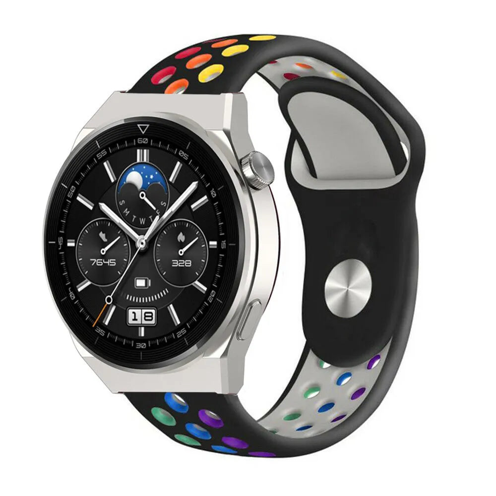Silicone Sport Strap, black/colourful, on a watch, 3/4 front view