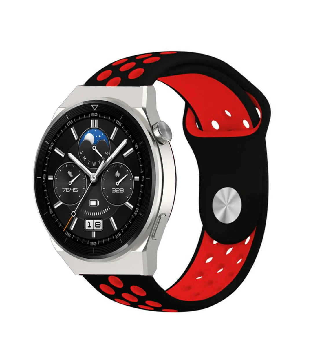 Silicone Sport Strap, black/red, on a watch, 3/4 front view