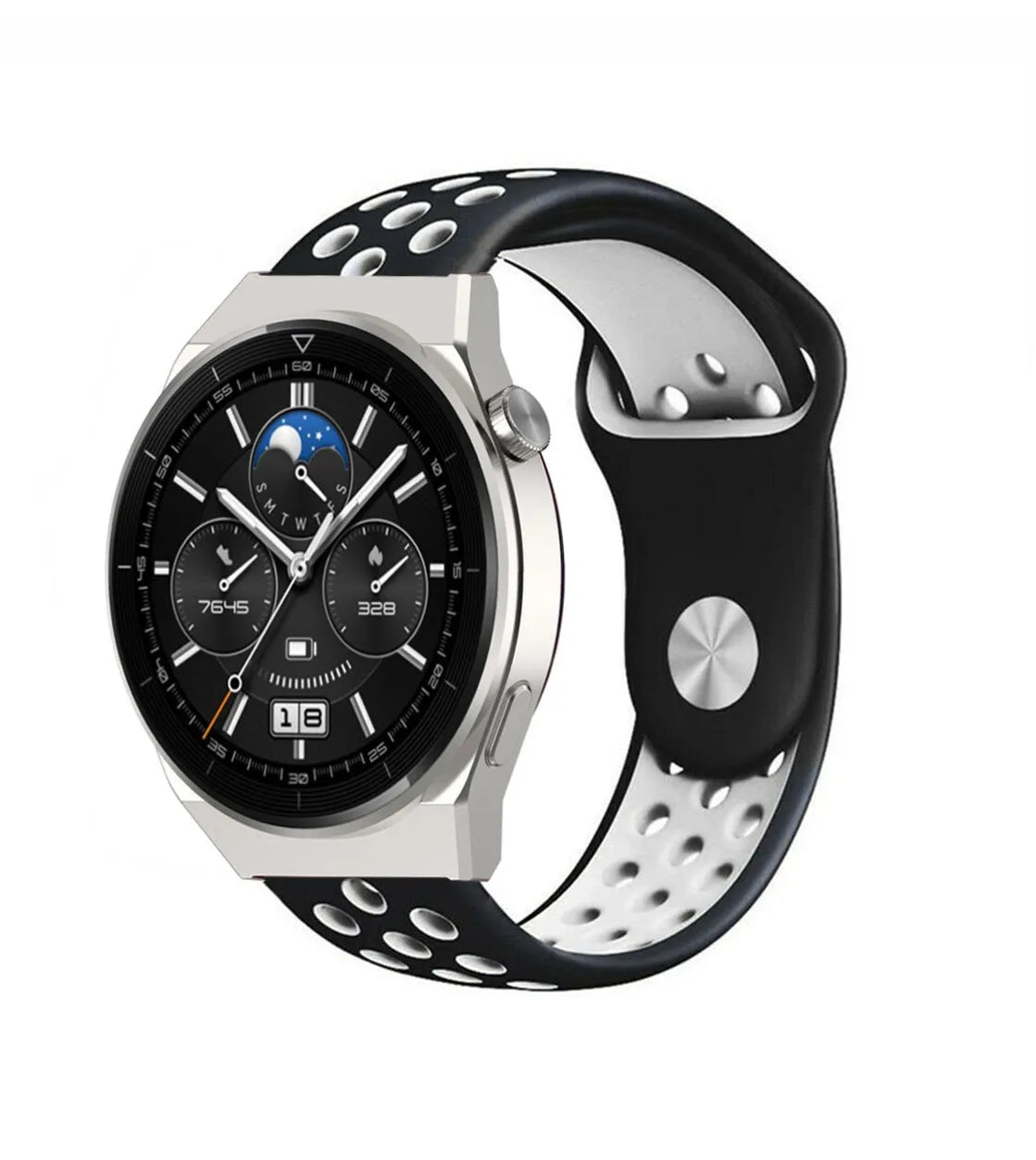 Silicone Sport Strap, black/white, on a watch, 3/4 front view
