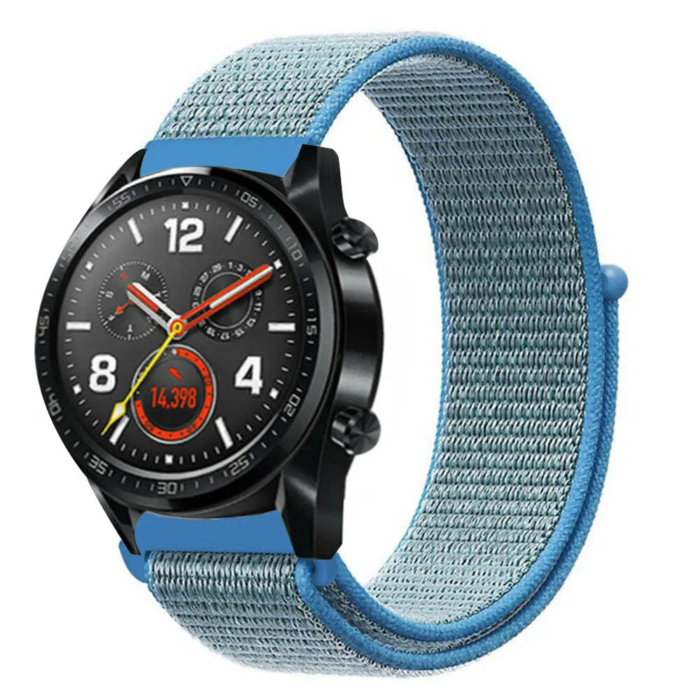 Nylon Strap, blue, on a watch, 3/4 front view