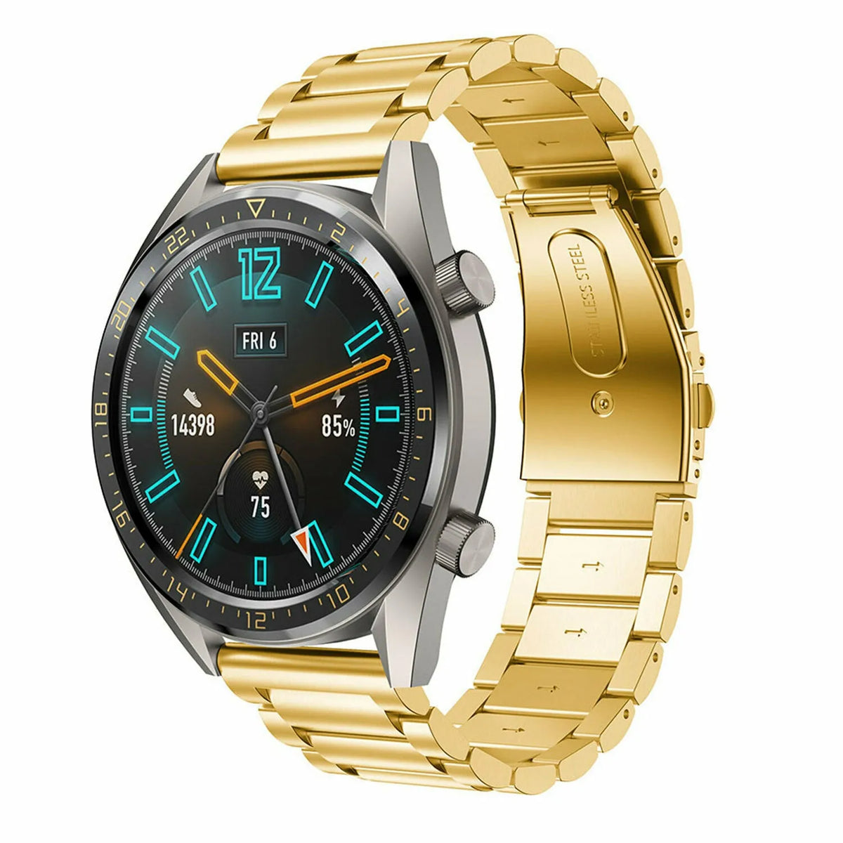 Steel Strap, gold, on a watch, 3/4 front view