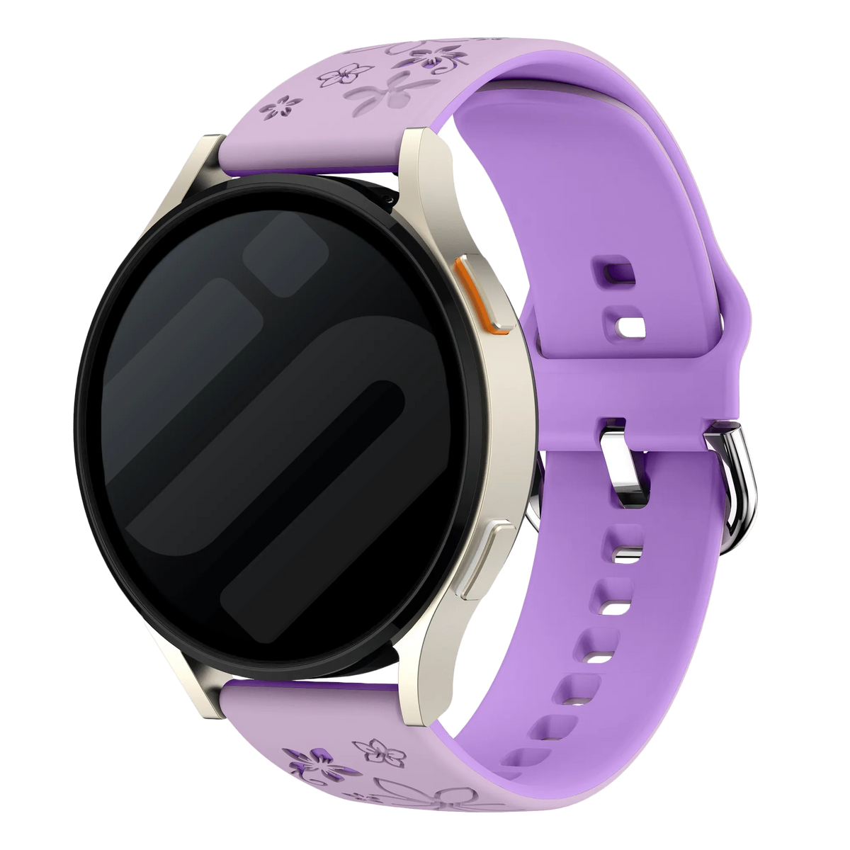 Flower Silicone Strap, lavender/purple, on a watch, 3/4 front view