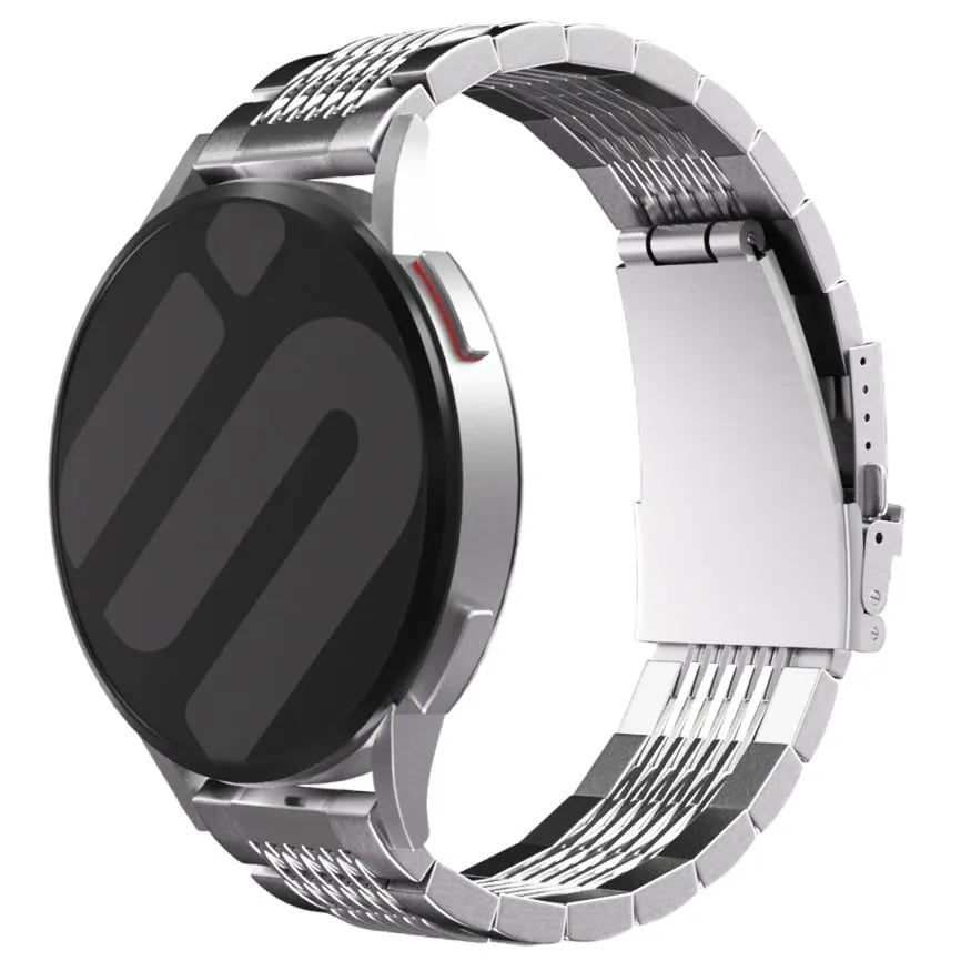 Luxury Steel Link Strap, silver, on a watch, 3/4 front view