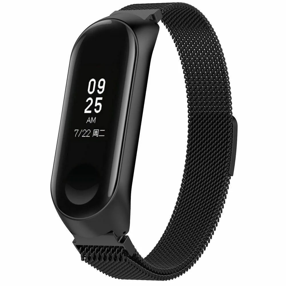Milanese Strap, black, on a watch, 3/4 front view