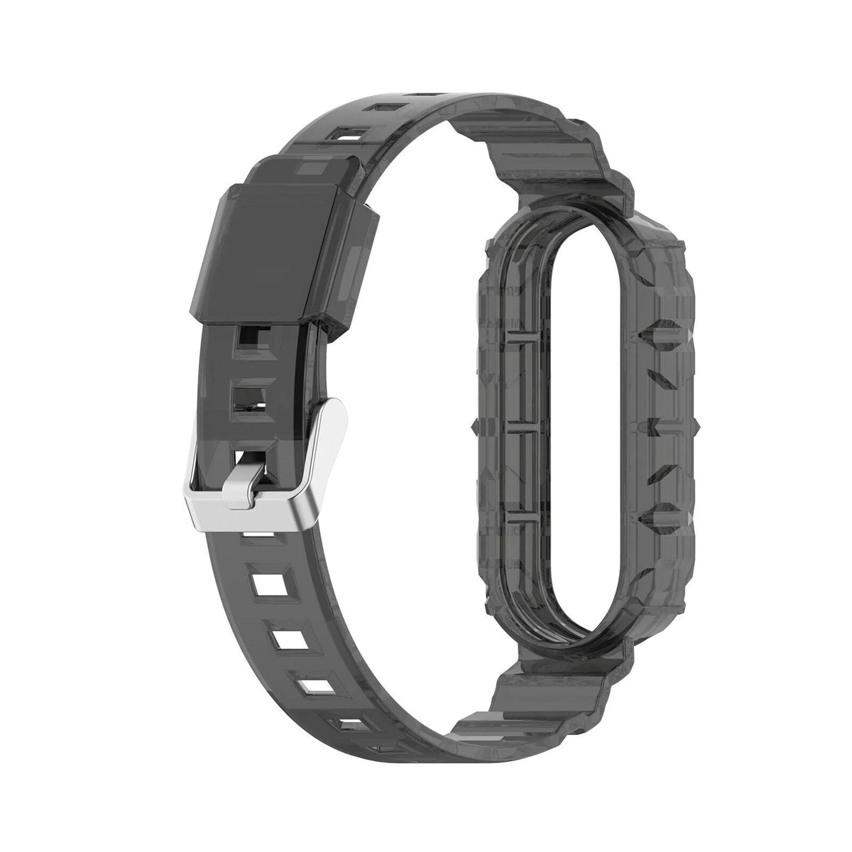 Silicone Clear TPU Strap, transparent black, on a watch, 3/4 front view