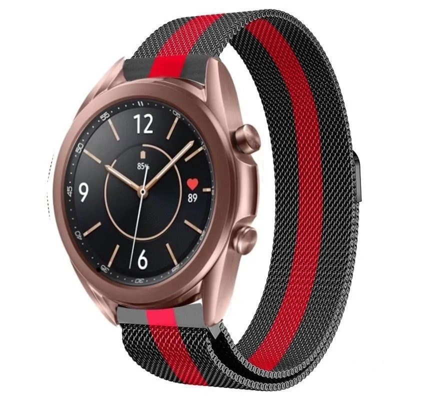 Milanese Strap, black/red, on a watch, 3/4 front view