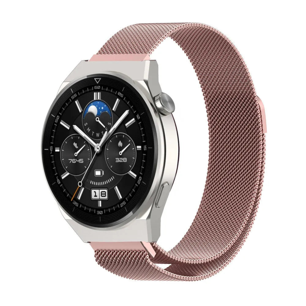 Milanese Strap, pink, on a watch, 3/4 front view