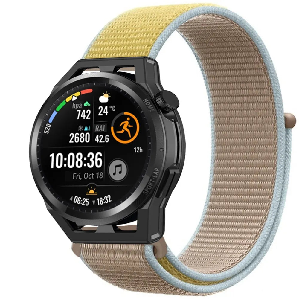 Nylon Strap, camel, on a watch, 3/4 front view