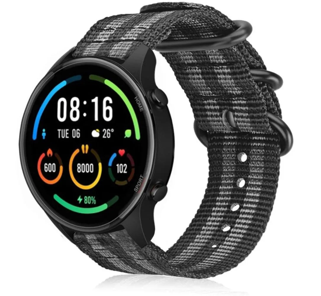 Nylon Buckle Strap, black/grey, on a watch, 3/4 front view