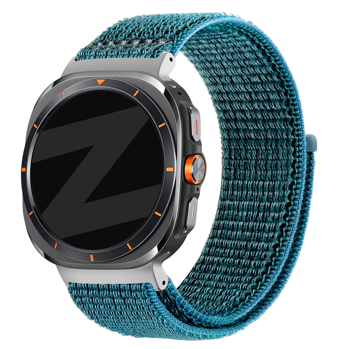 Nylon Loop Strap, blue-green, on a watch, 3/4 front view