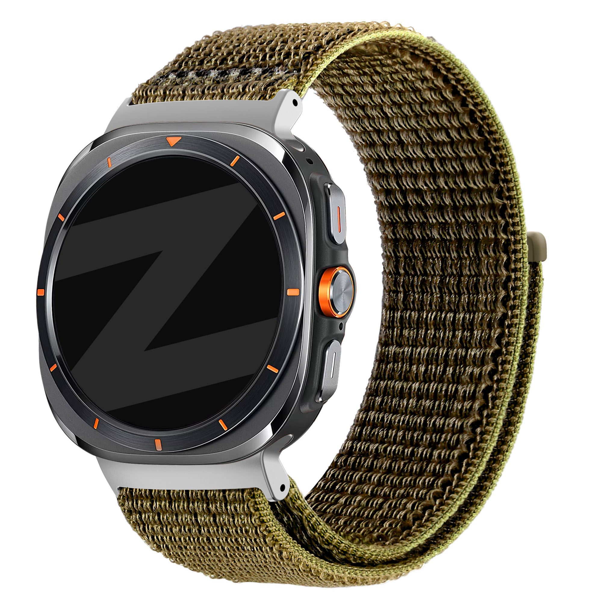 Nylon Loop Strap, olive, on a watch, 3/4 front view