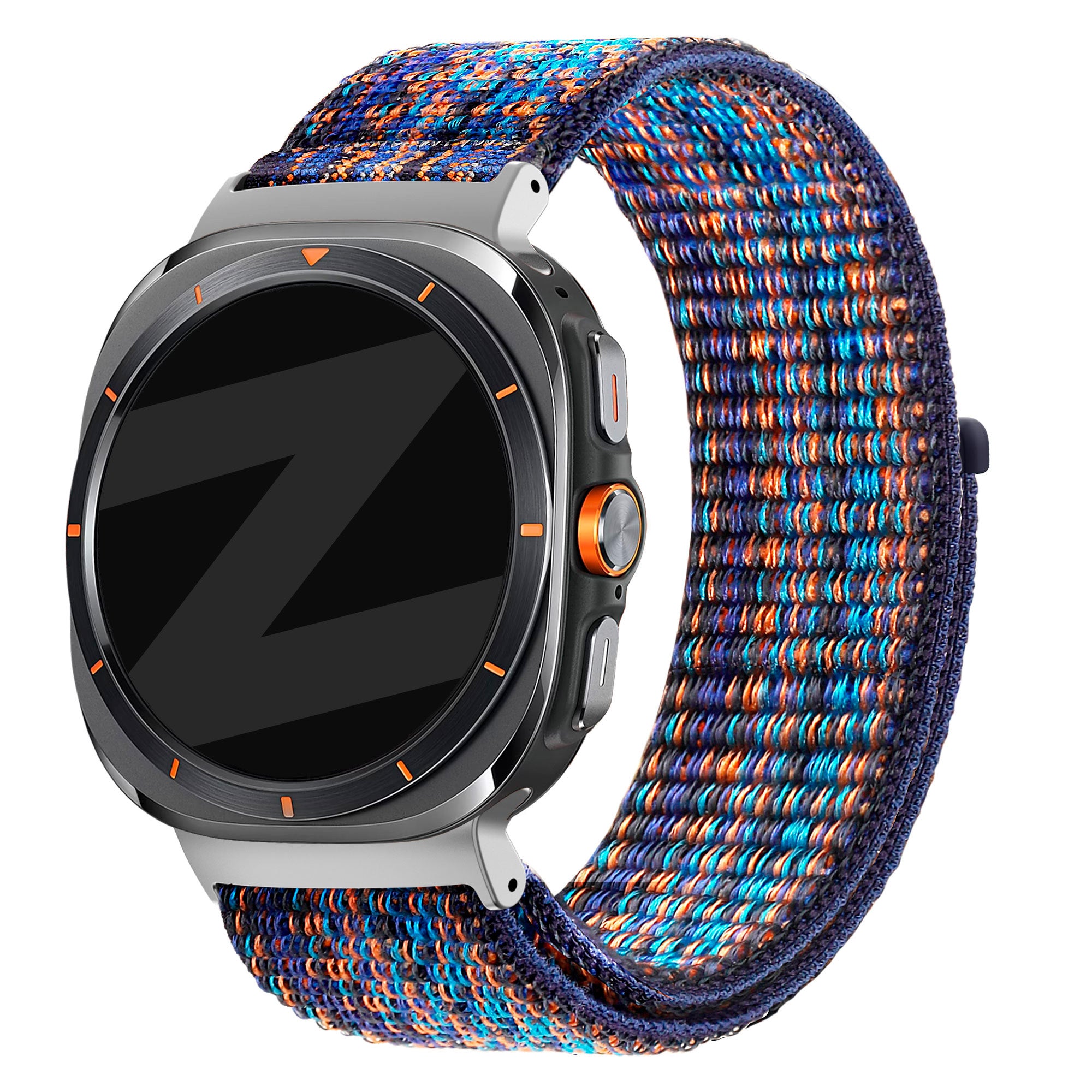 Nylon Loop Strap, blue mix, on a watch, 3/4 front view