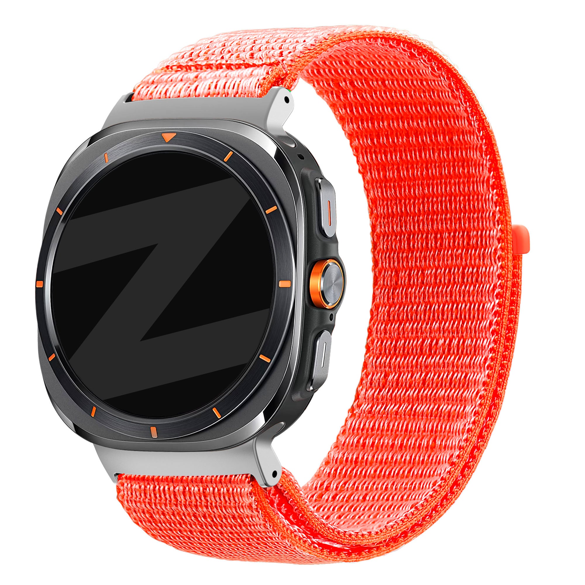 Nylon Loop Strap, orange, on a watch, 3/4 front view