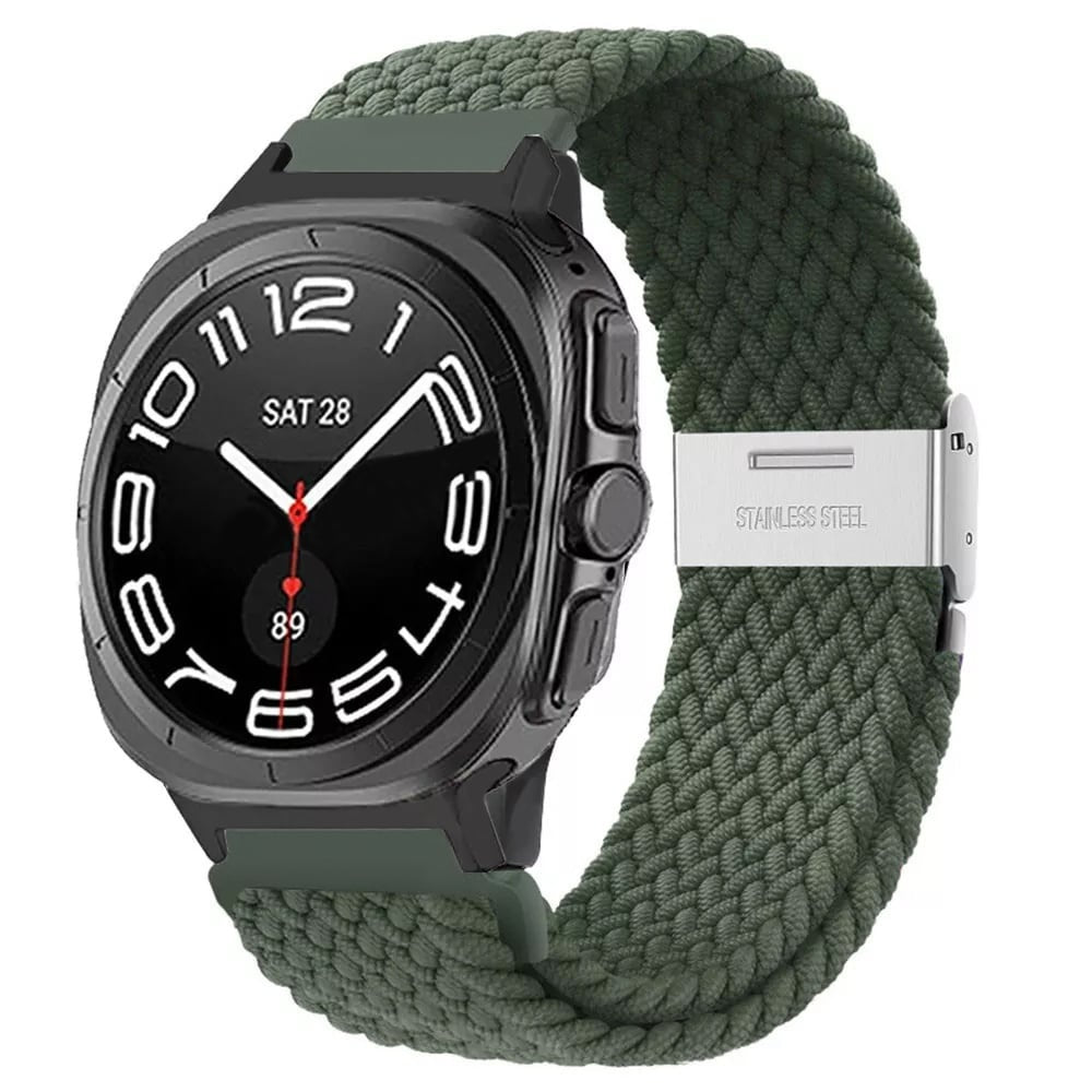 Braided Nylon Strap, olive green, on a watch, 3/4 front view