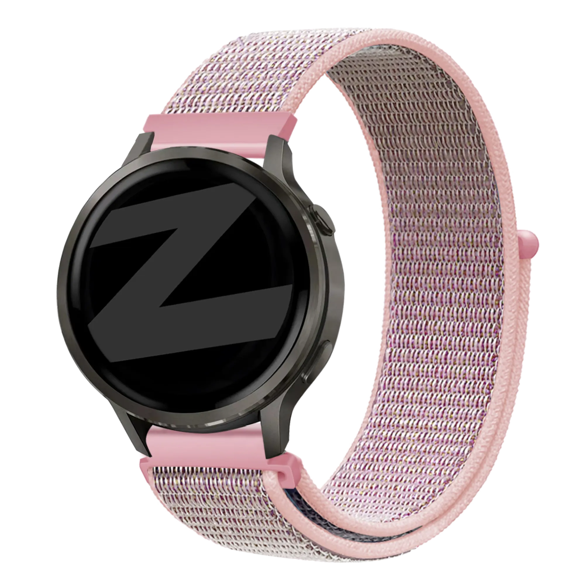 Nylon Loop Strap, pink, on a watch, 3/4 front view