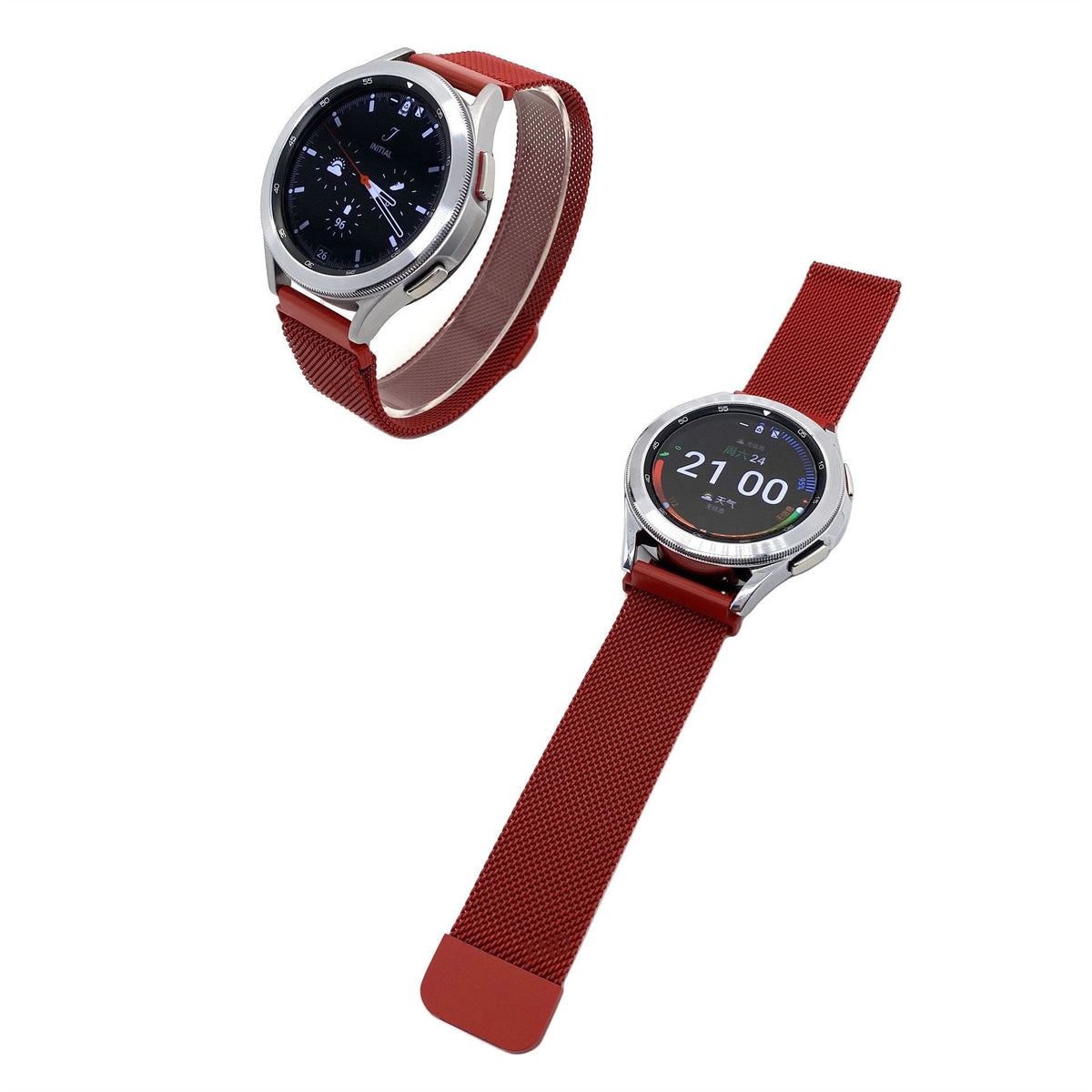 Milanese Strap, red, on a watch, 3/4 front view