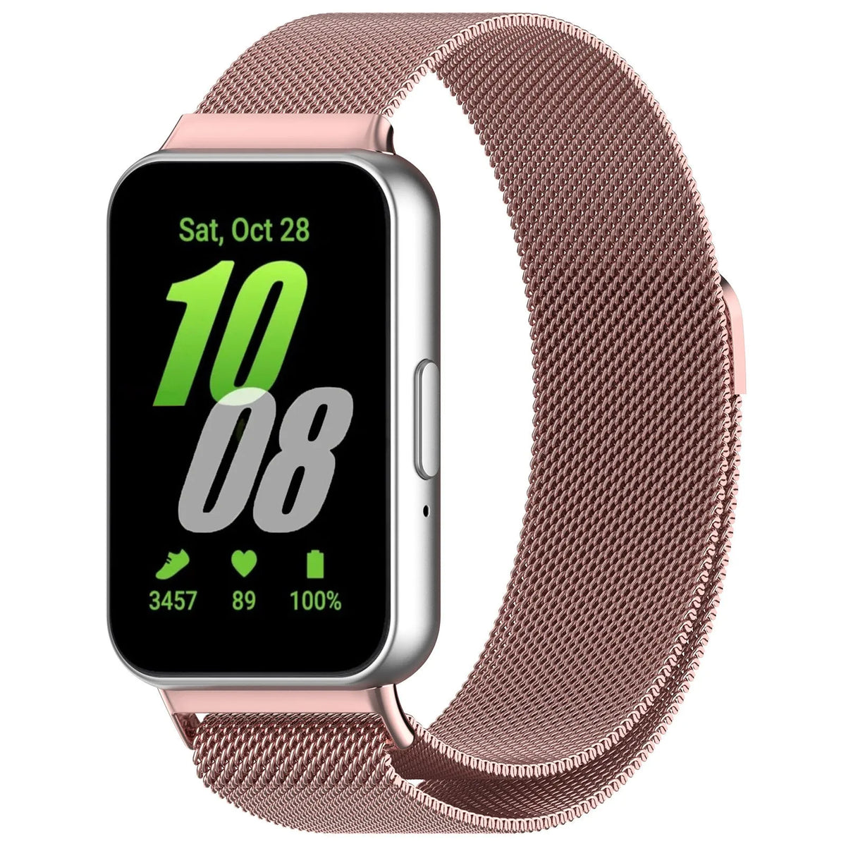 Milanese Strap, pink, on a watch, 3/4 front view