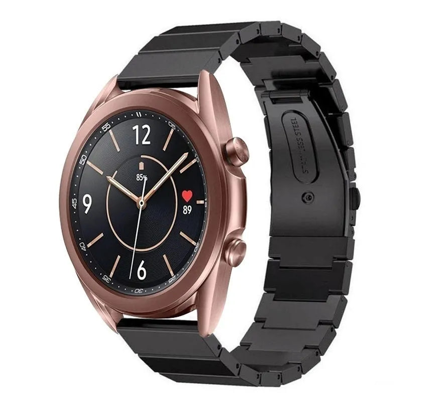 Premium Metal Strap, black, on a watch, 3/4 front view