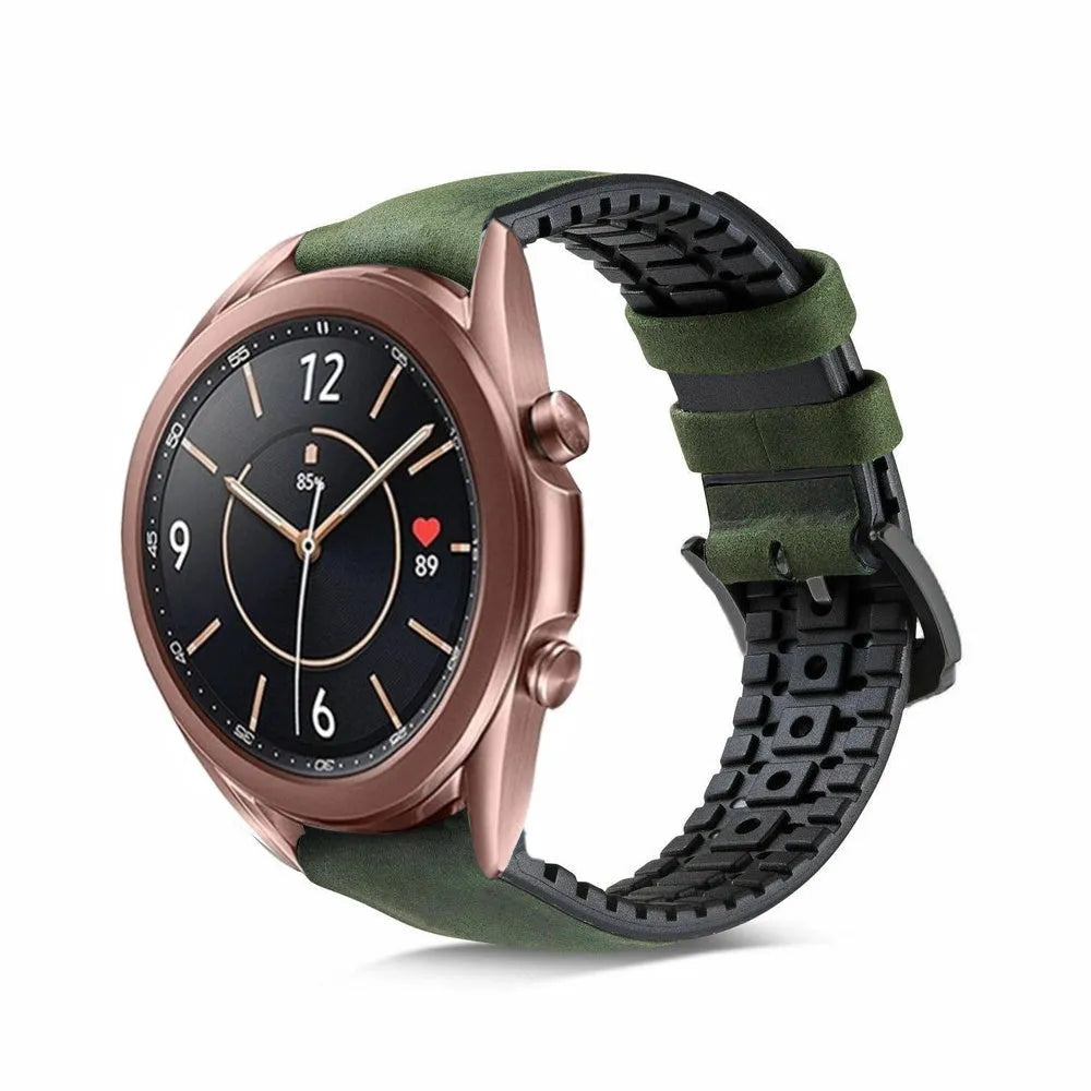 Leather Hybrid Strap, green, on a watch, 3/4 front view
