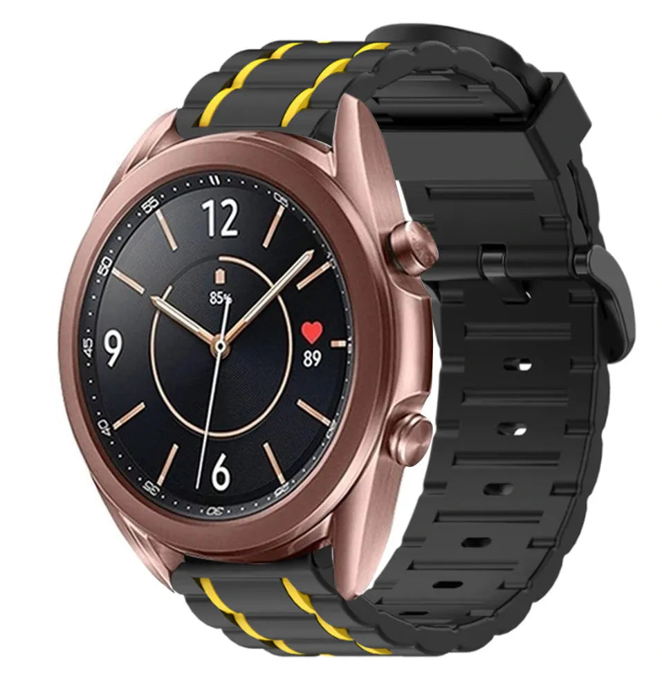 Silicone Strap 'Tough', black/yellow, on a watch, 3/4 front view