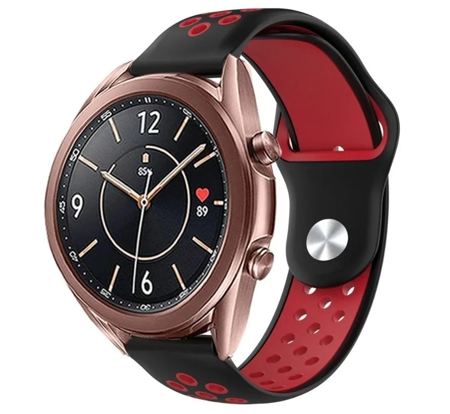 Silicone Sport Strap, black/red, on a watch, 3/4 front view