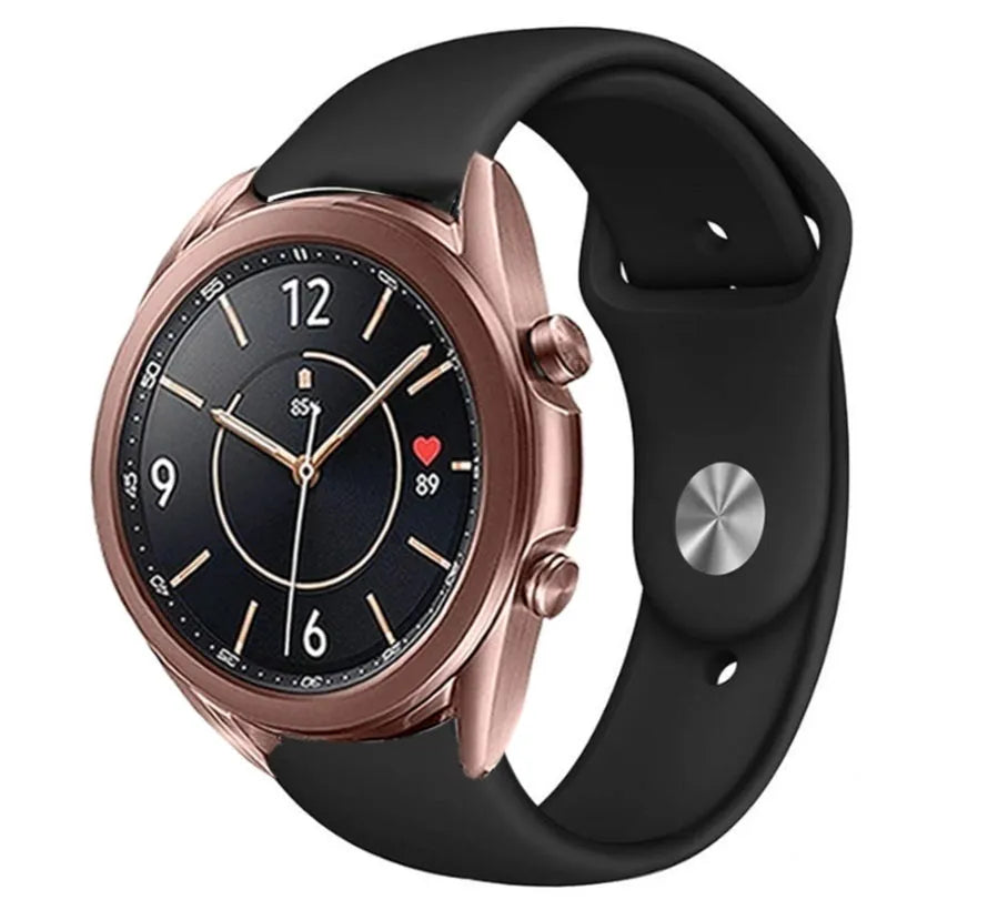 Silicone Sport Strap, black, on a watch, 3/4 front view