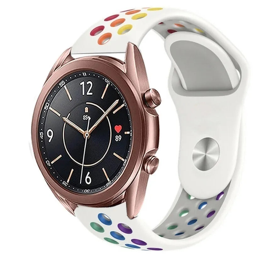 Silicone Sport Strap, white/colourful, on a watch, 3/4 front view