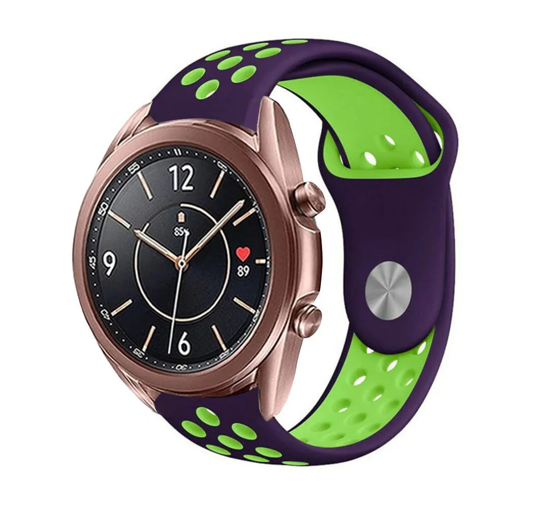 Silicone Sport Strap, purple/green, on a watch, 3/4 front view